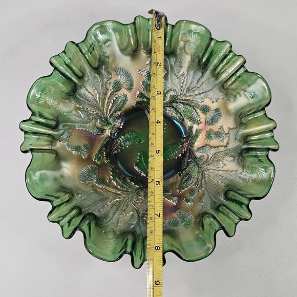 Vintage FENTON Carnival Glass THISTLE GREEN Ruffled Edge 9" Iridescent Bowl - Picture 10 of 11